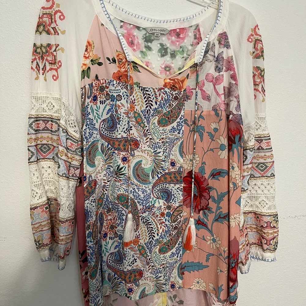 John Mark Multicolor Bohemian Patchwork Blouse